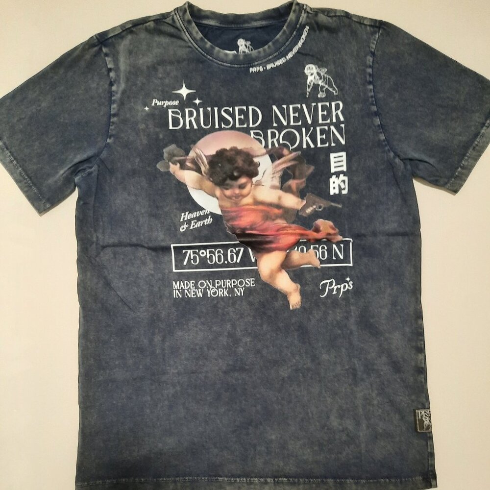 PRPS T-shirt size small, color washed blue.